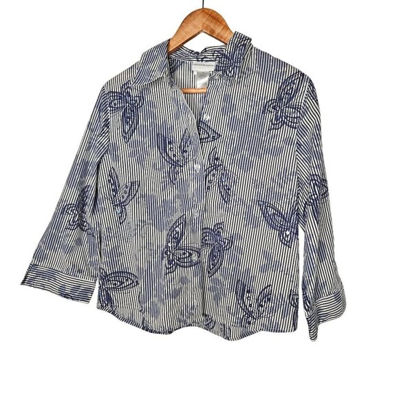 Alfred Dunner Button-Down Blue Sequin Striped Butterfly Poplin Shirt Size 10 - Picture 1 of 7